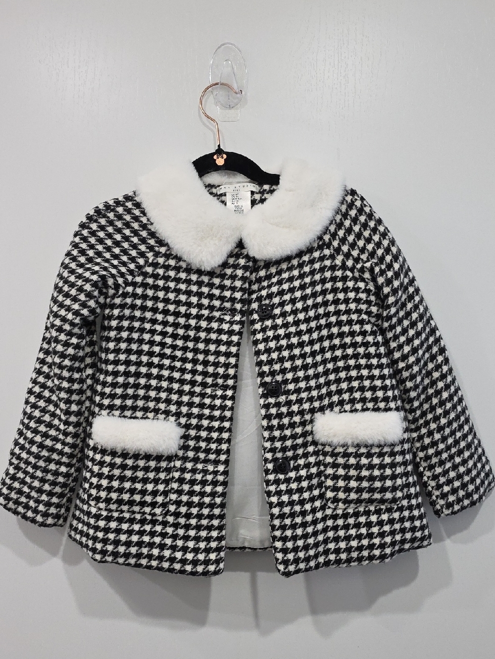 Max Studio Black & White Houndstooth Pea Coat with Faux Fur Trim